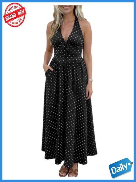 Dresses & Skirts - Polka Dot Halter V-Neck Maxi Dress with Pockets Smocked Casual Long Summer